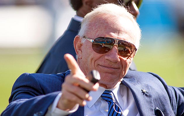 Oct 21, 2012; Charlotte, NC, USA; Dallas Cowboys owner Jerry Jones point to the fans prior to the game against the Carolina Panthers at Bank of America Stadium. Mandatory Credit: Jeremy Brevard-US PRESSWIRE